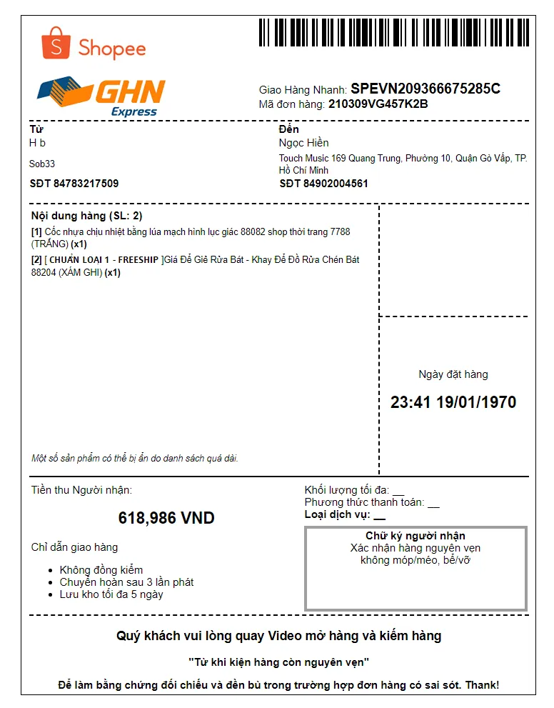 Ví dụ phiếu in đơn vận chuyển khổ tiêu chuẩn