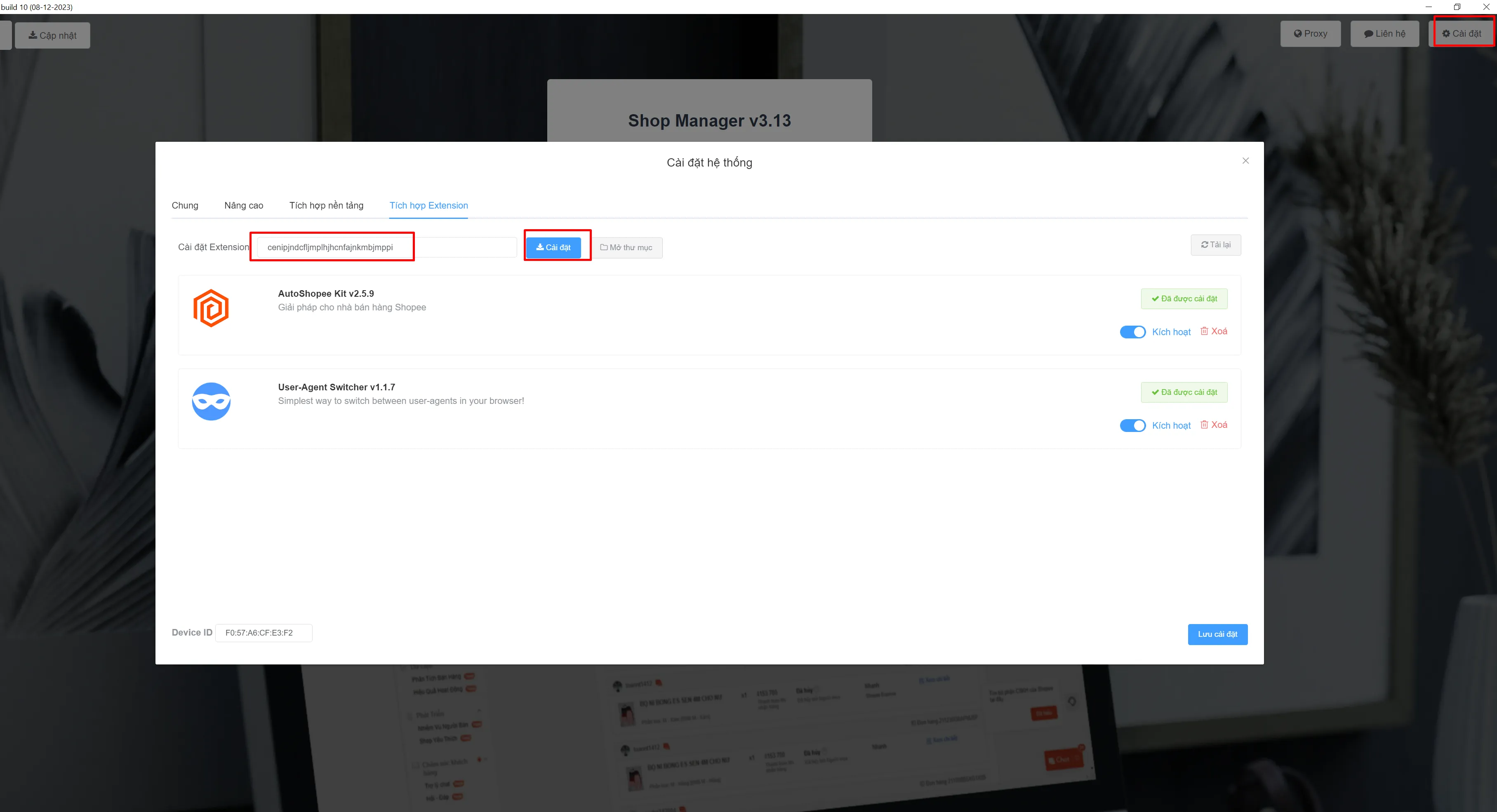 Dán mã Extension ID và bấm kích hoạt tiện ích trên ShopManager