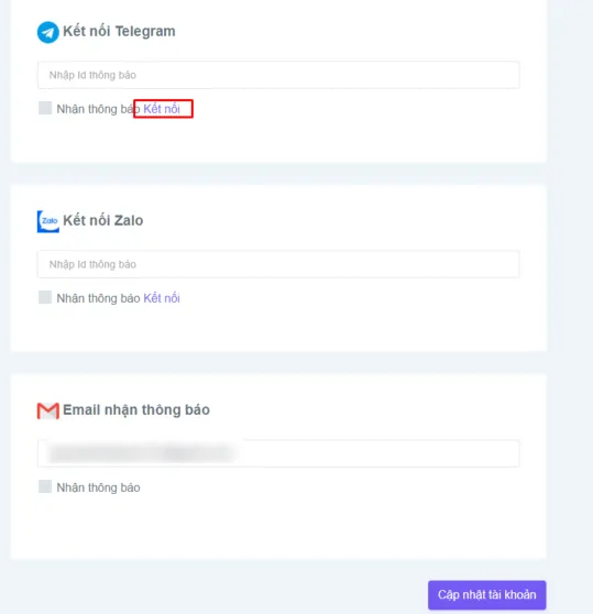 Bấm nút Kết nối tại mục thông báo Telegram