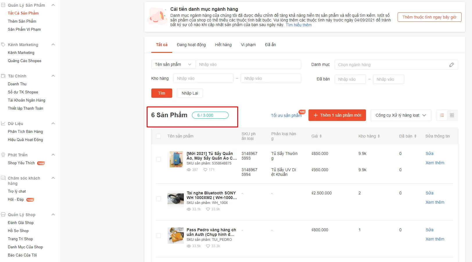 Kiểm tra giới hạn số lượng sản phẩm trên Shopee Kênh Người Bán