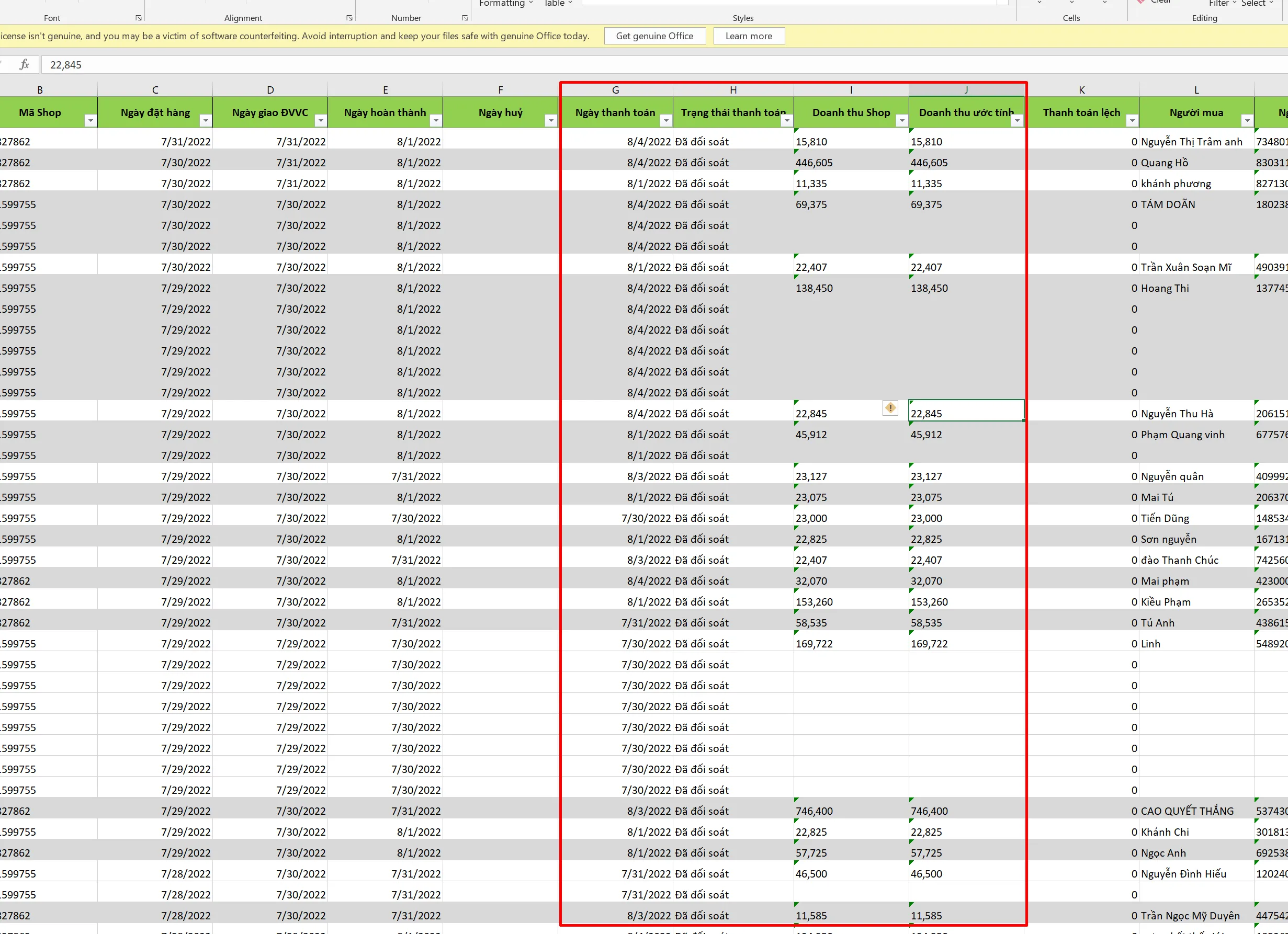 Bảng Excel đối soát chi tiết doanh thu thực tế và số tiền sàn chuyển về ví