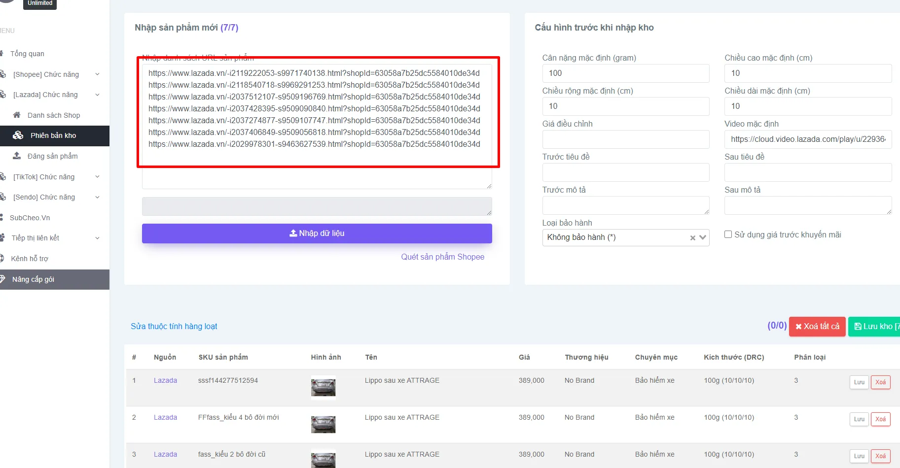 Dán link sản phẩm Lazada vào ô nhập danh sách URL sản phẩm và bấm Nhập dữ liệu
