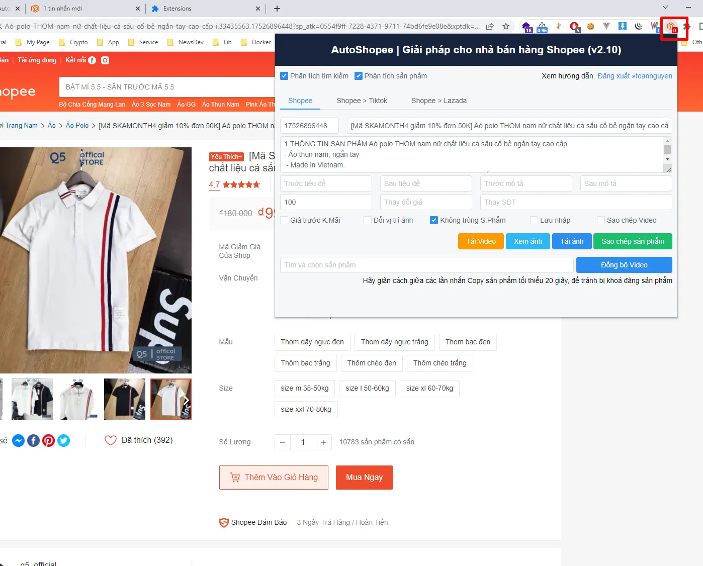 Chọn biểu tượng AutoShopee Kit ở góc phải trình duyệt