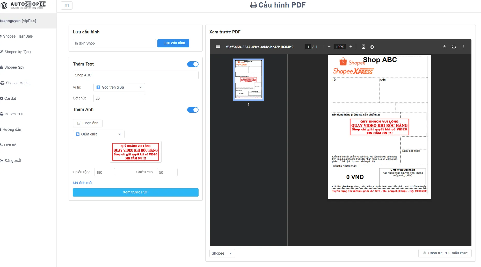 Giao diện cấu hình mẫu in PDF với tuỳ chỉnh thêm Text và thêm Ảnh con dấu