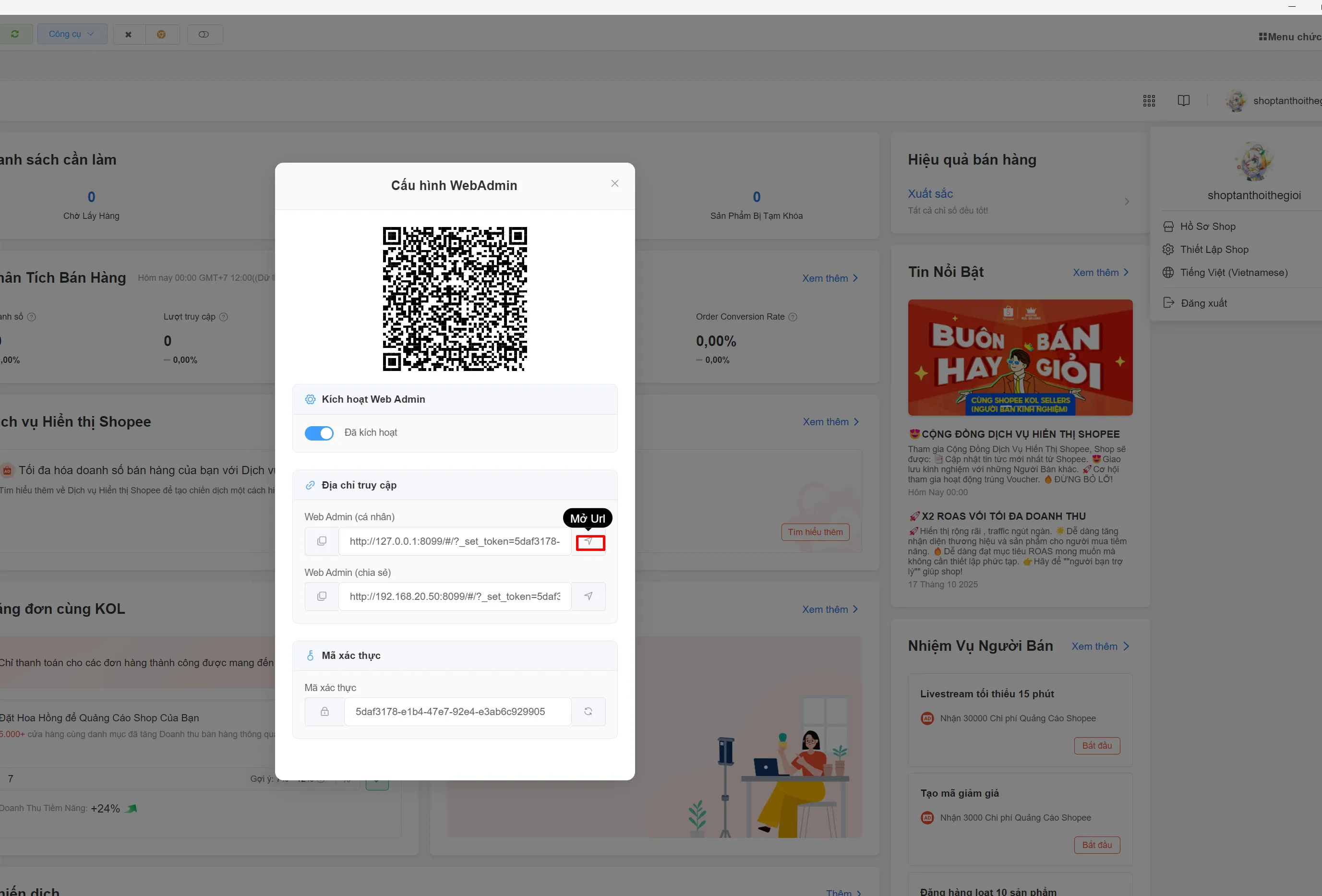 Bảng cấu hình địa chỉ IP truy cập và nút Mở url WebAdmin