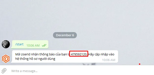 Bot Telegram phản hồi mã ID thông báo định danh tài khoản