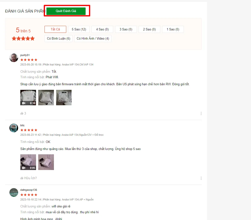 Nhấp vào nút Quét Đánh Giá trong phần Đánh giá sản phẩm trên Shopee