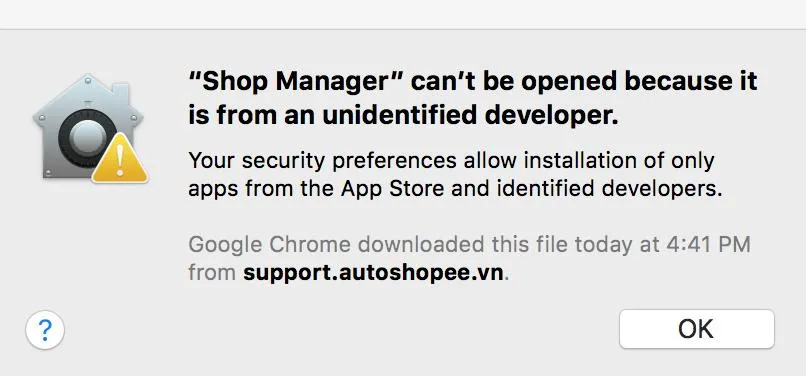 Thông báo lỗi ứng dụng bị chặn can not be opened because it is from an unidentified developer trên macOS