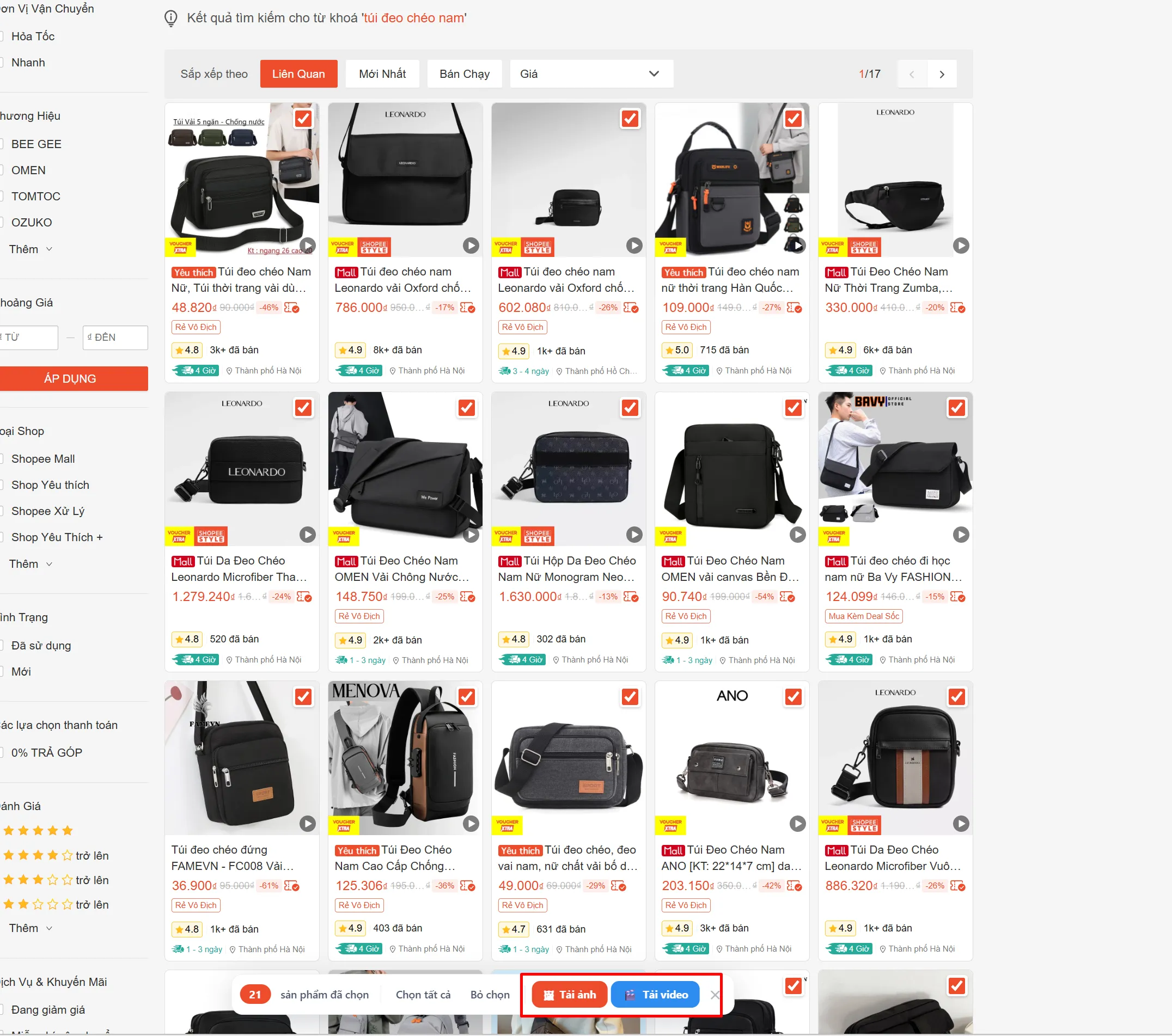 Trang tìm kiếm Shopee đã tích chọn 21 sản phẩm, thanh dưới có nút Tải ảnh và Tải video hàng loạt
