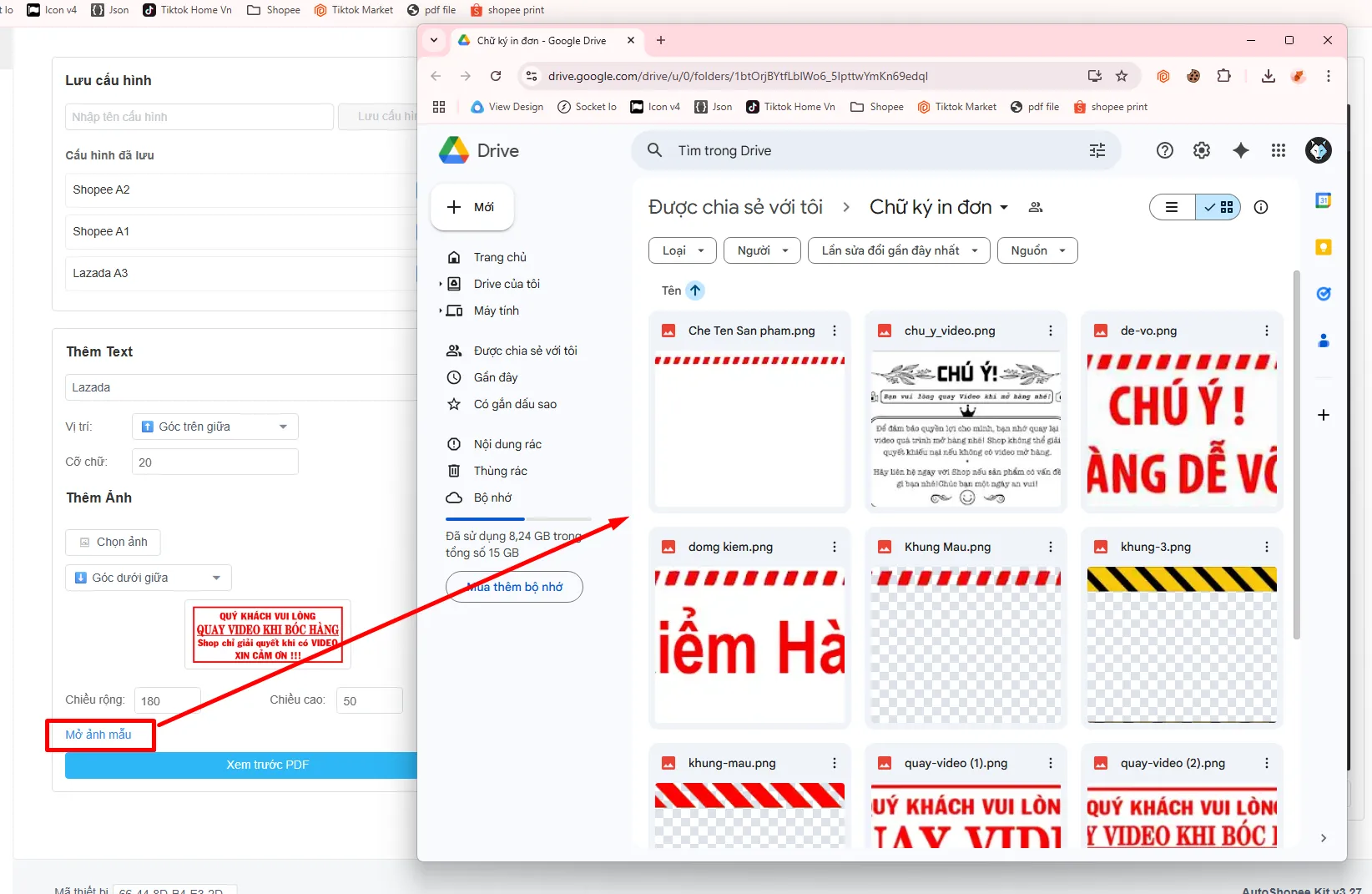 Thư mục Chữ ký in đơn trên Google Drive chứa các mẫu con dấu và ghi chú bóc hàng