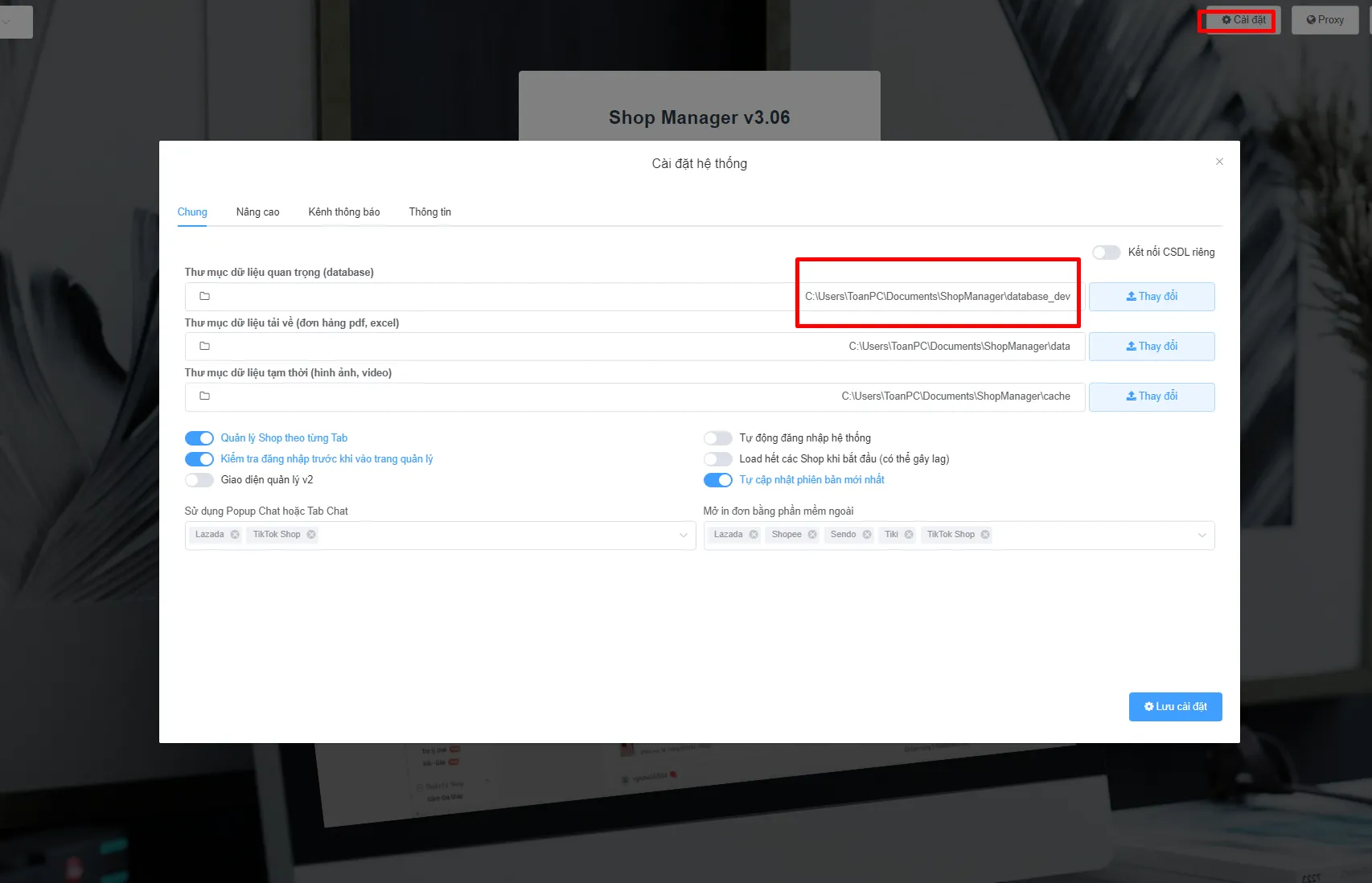Dòng Thư mục dữ liệu quan trọng database trong Cài đặt ShopManager