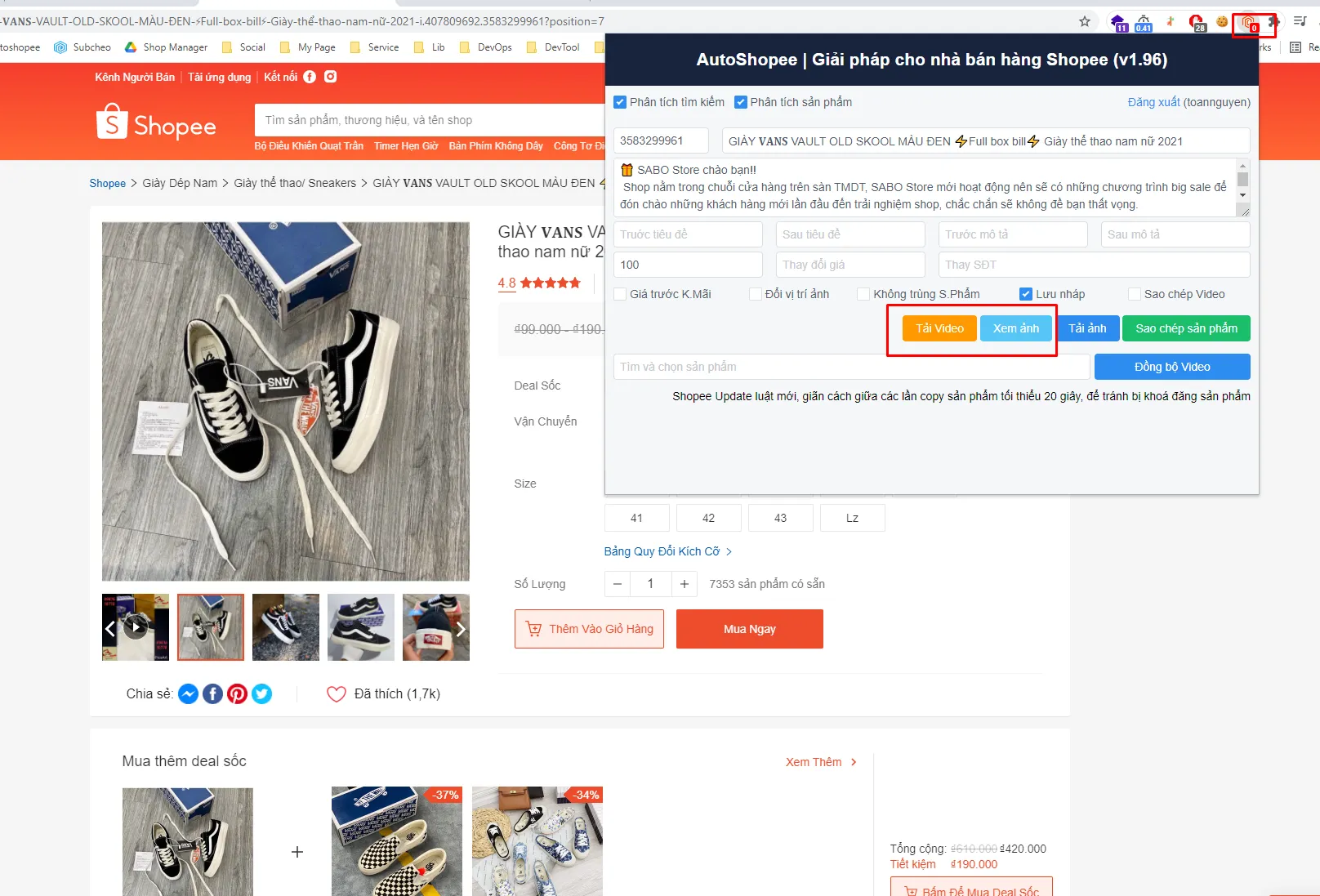 Các nút chức năng Tải Video, Xem ảnh, Tải ảnh và Sao chép sản phẩm trên tiện ích AutoShopee Kit