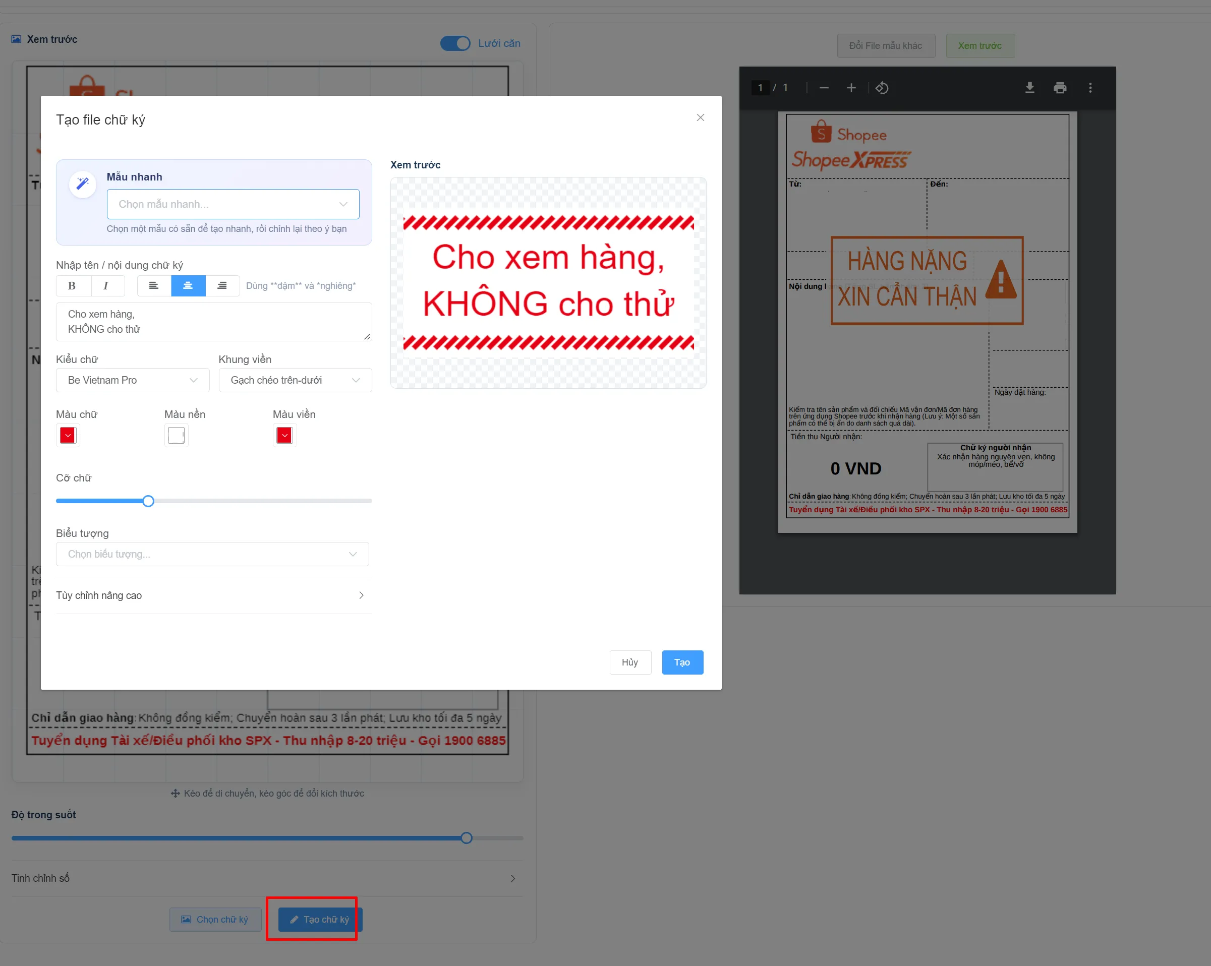 Cửa sổ Tạo file chữ ký: chọn mẫu nhanh, nhập nội dung Cho xem hàng KHÔNG cho thử, chọn kiểu chữ, khung viền và màu