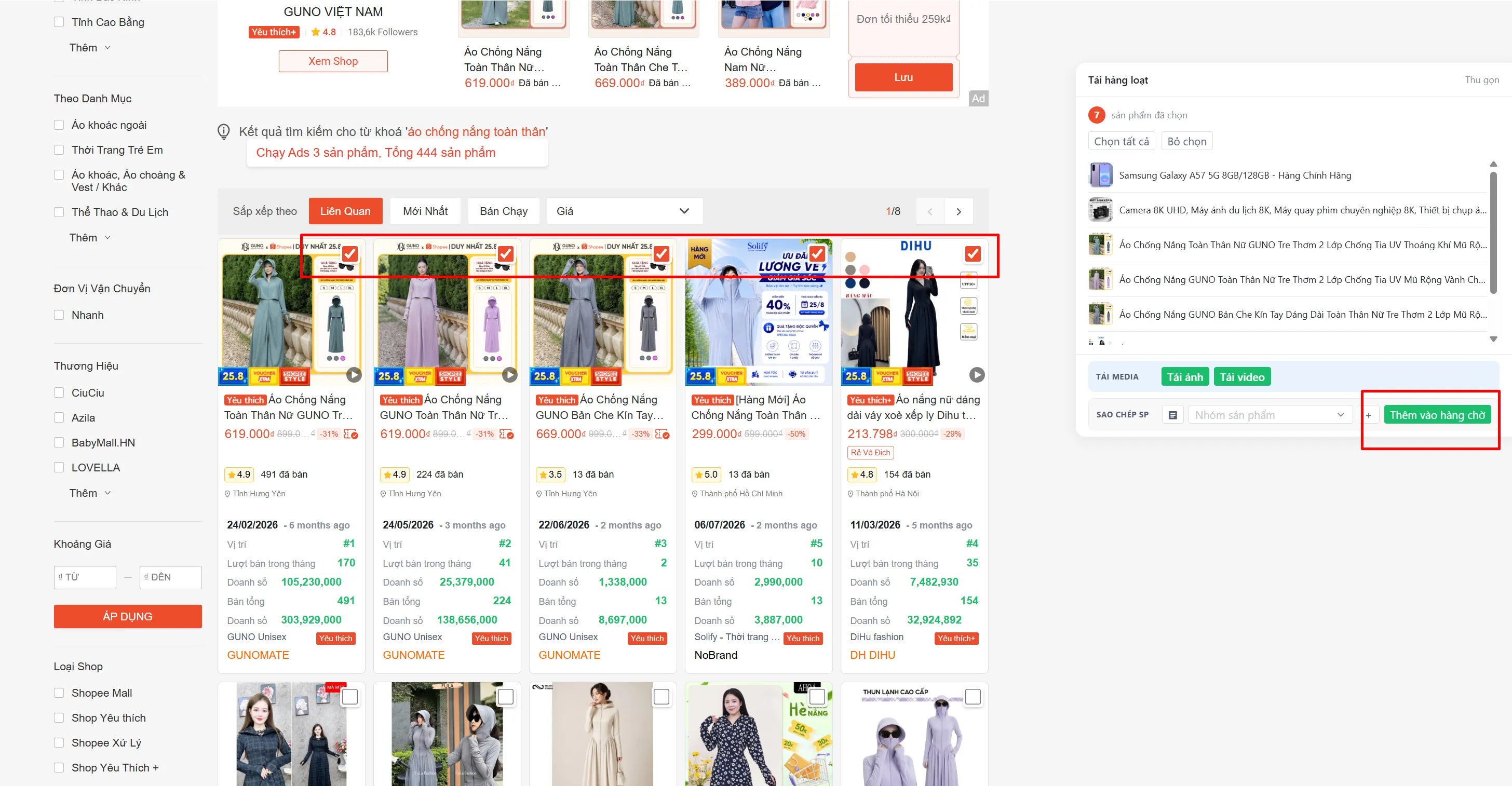Tick sản phẩm trên trang tìm kiếm Shopee, chọn nhóm và bấm Thêm vào hàng chờ trong bảng Tải hàng loạt