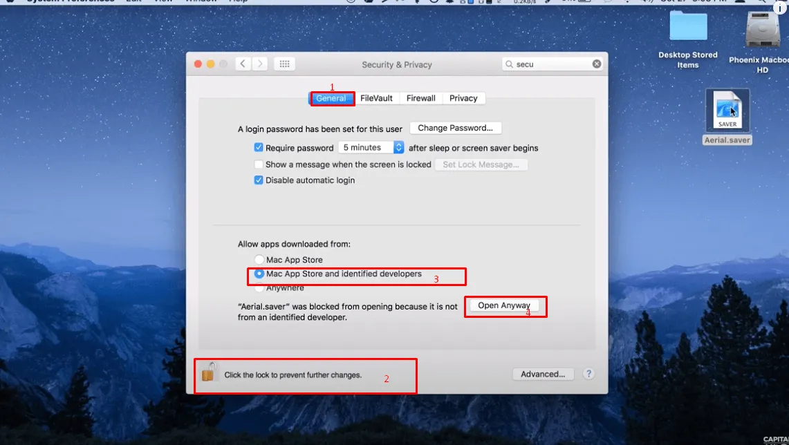 Mở khoá ổ khoá và bấm nút Open Anyway trong tab General của Security và Privacy