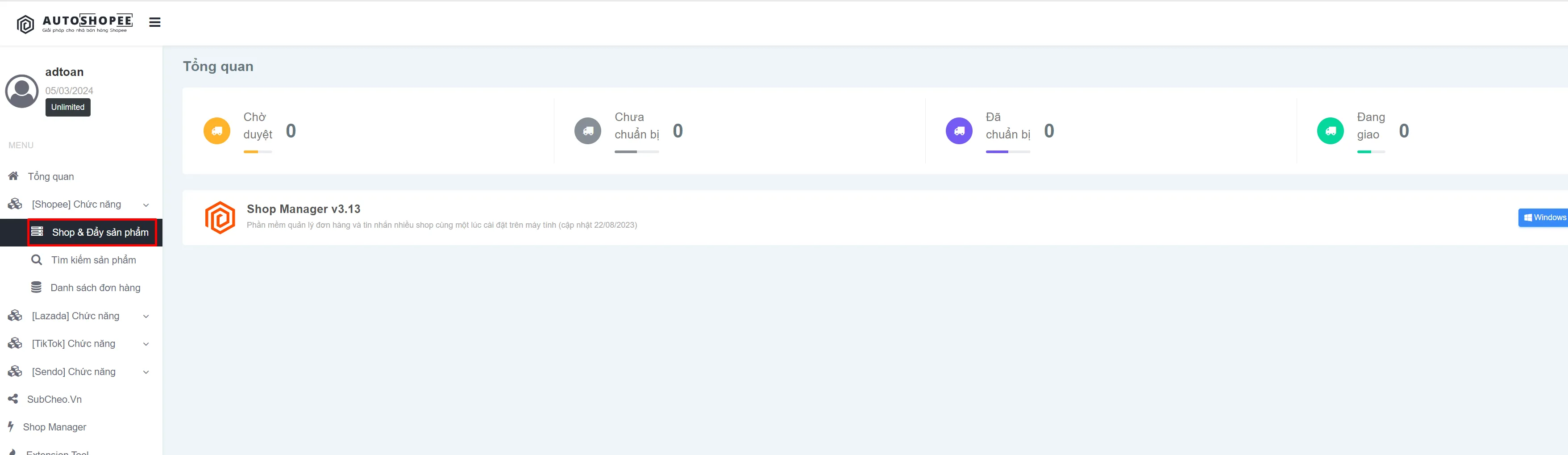 Giao diện bảng điều khiển chức năng Đẩy sản phẩm trên AutoShopee Web
