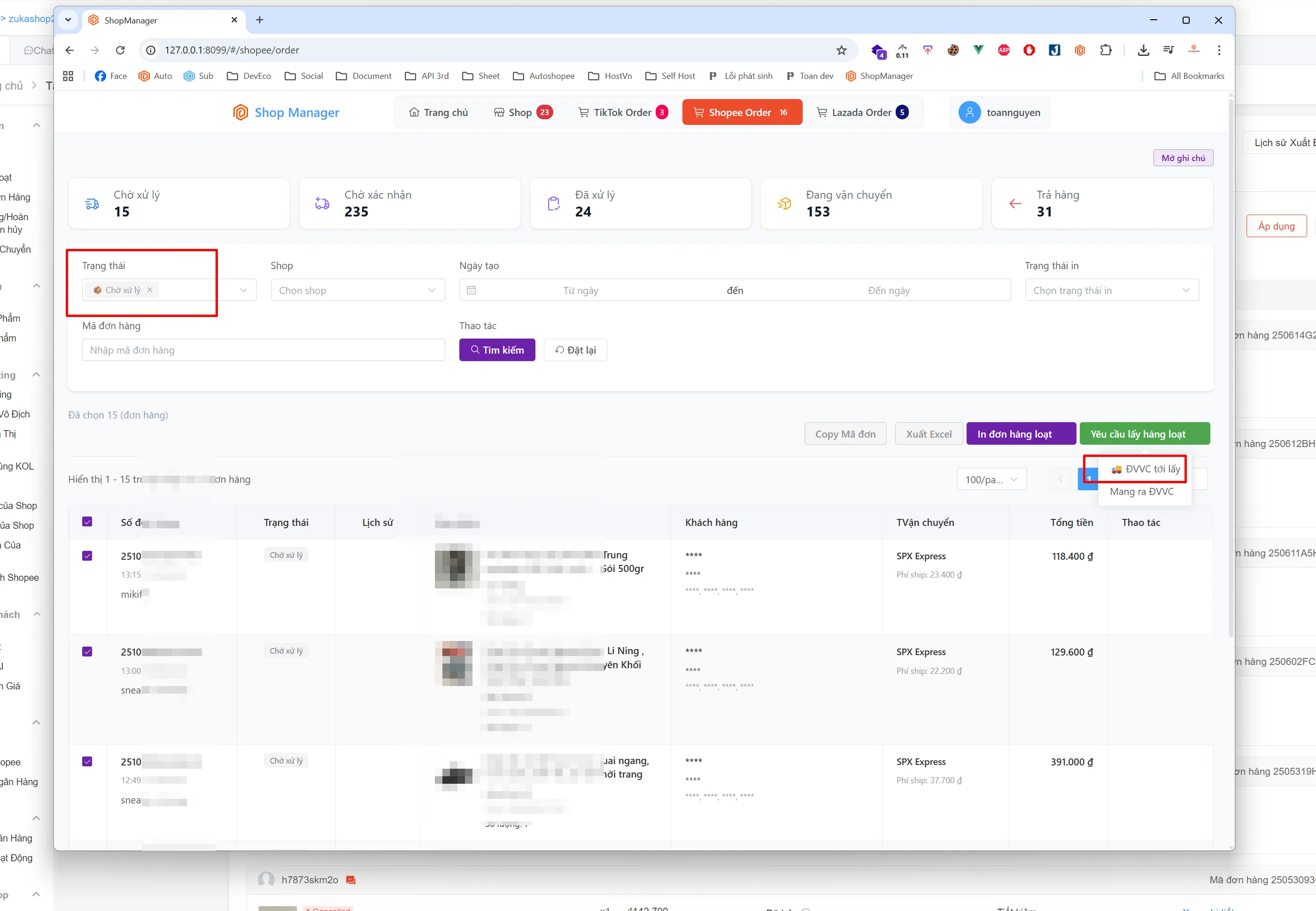 Giao diện Shopee Order và chọn phương thức gửi hàng hàng loạt