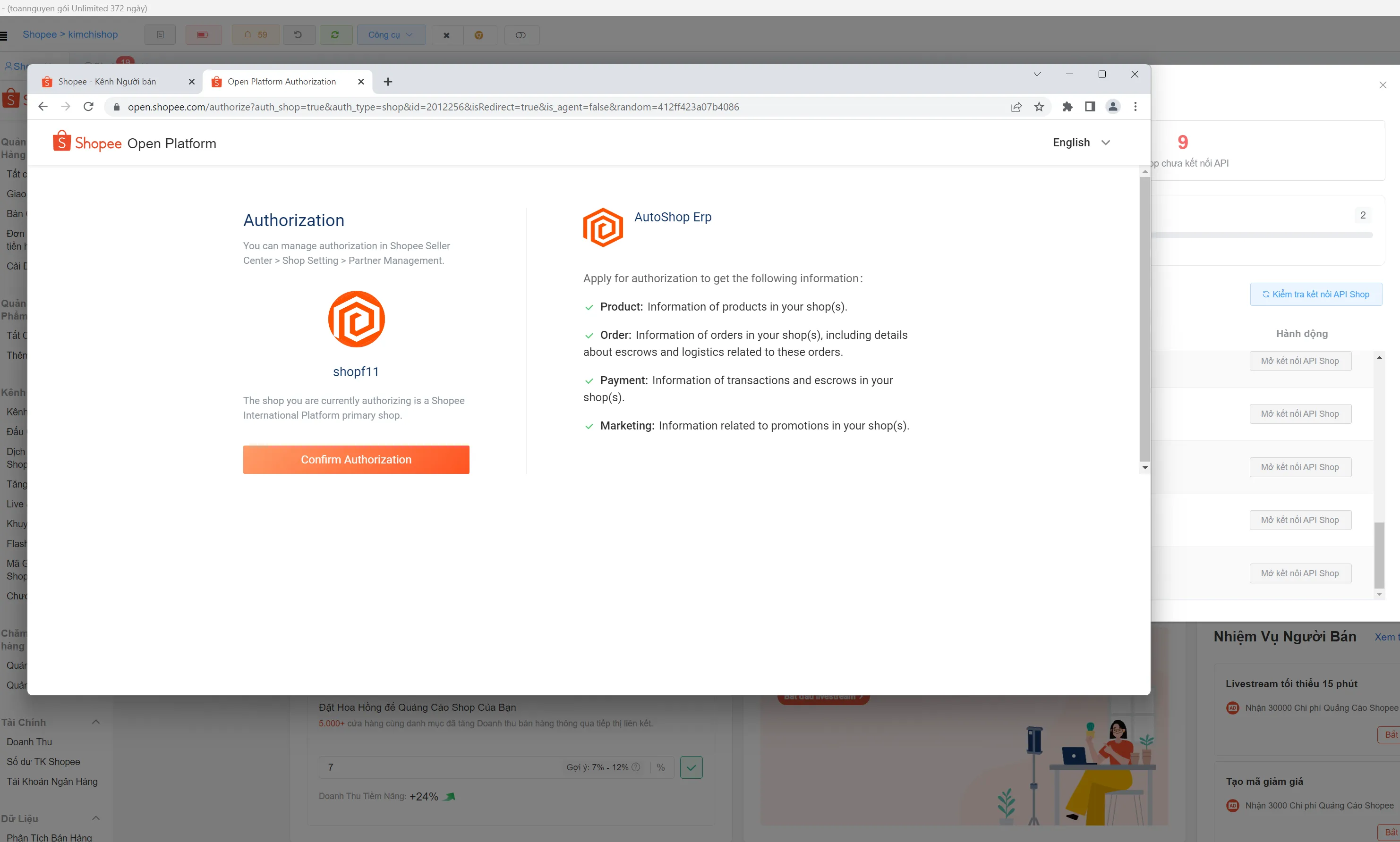 Màn hình xác nhận uỷ quyền ứng dụng AutoShopee trên Shopee