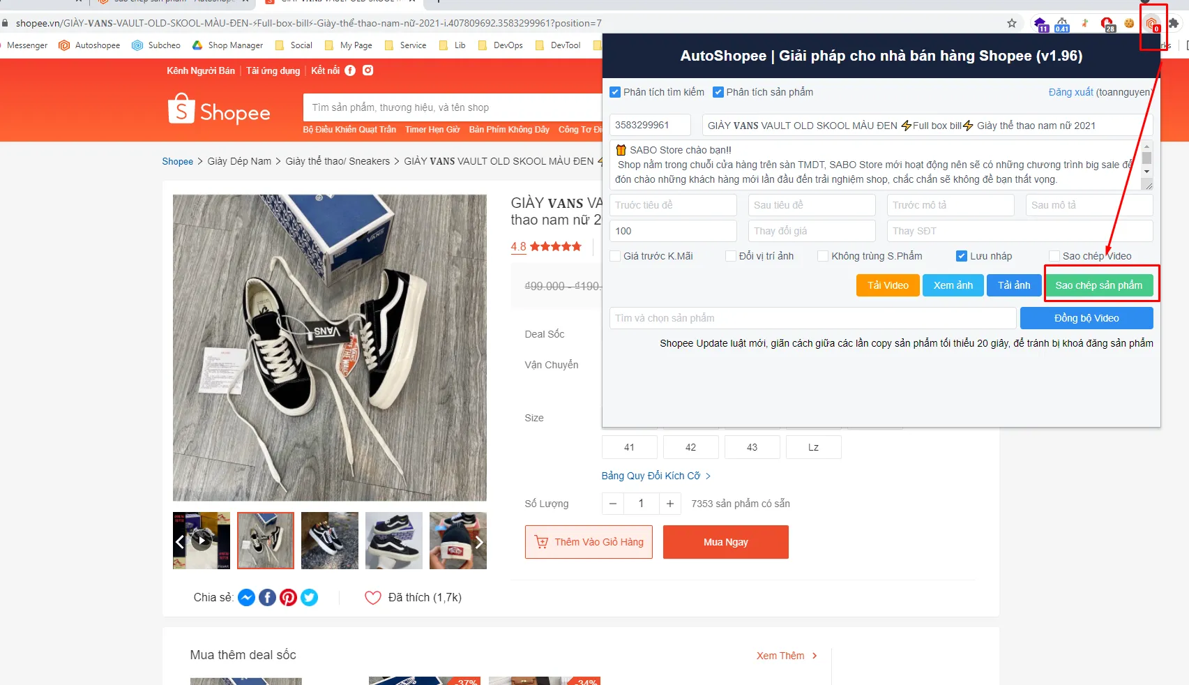 Nút Sao chép sản phẩm hiển thị trên trang chi tiết sản phẩm Shopee