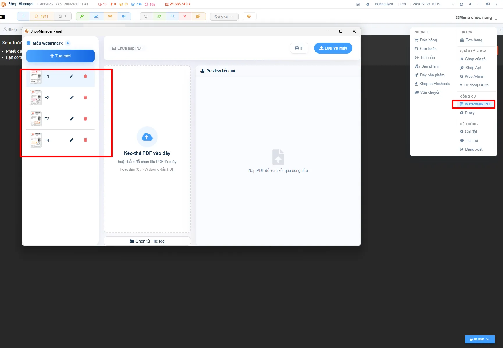 Menu chức năng > Công cụ > Watermark PDF và danh sách mẫu đóng dấu F1 đến F4