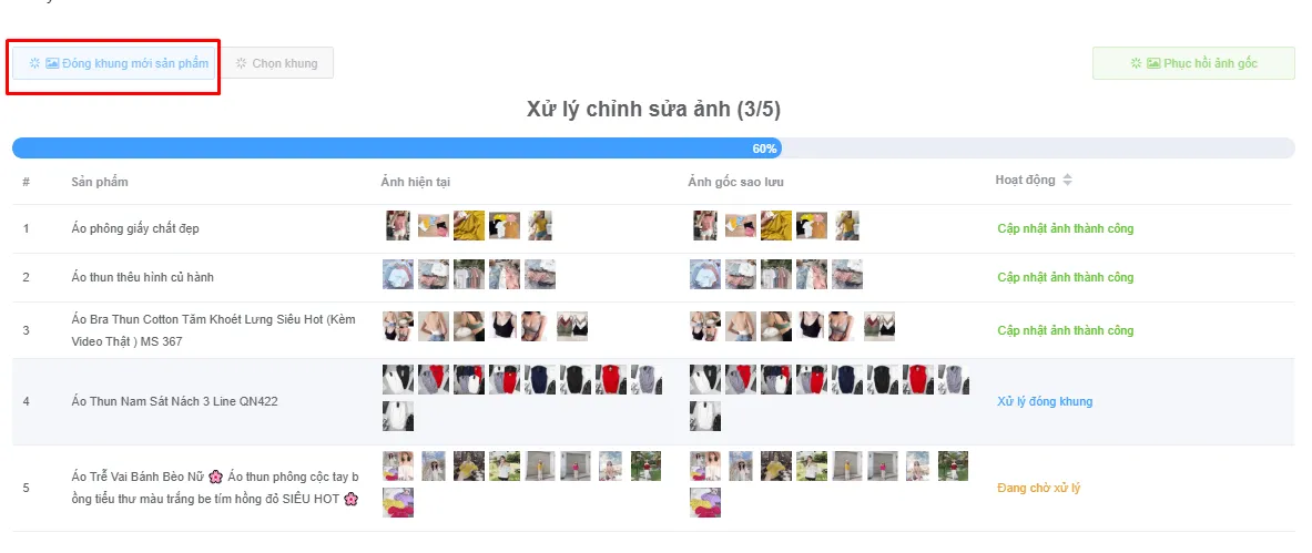 Bảng tiến trình tự động ghép khung và cập nhật ảnh lên Shopee