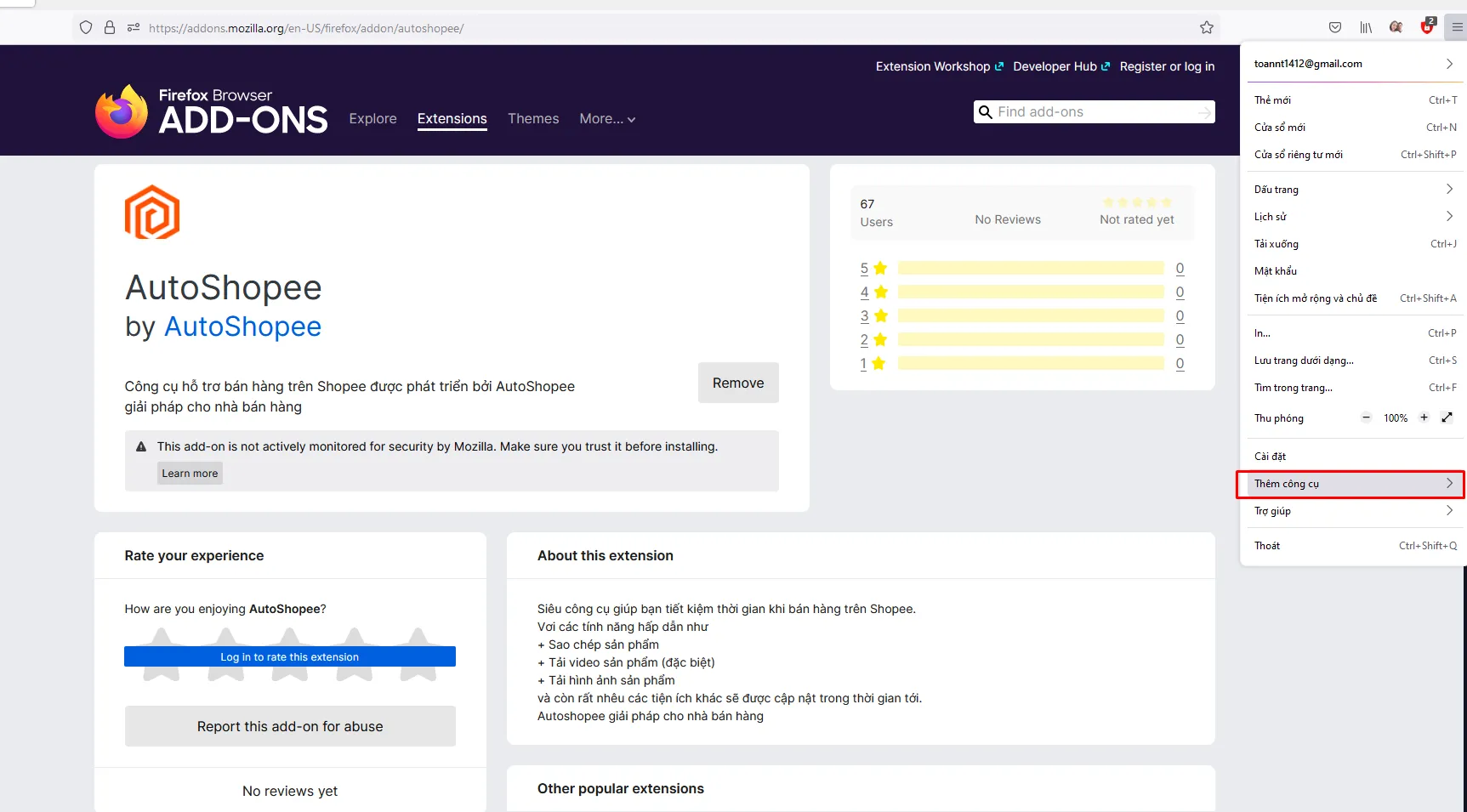 Mở menu Thêm công cụ và chọn Tuỳ biến thanh công cụ trên Firefox