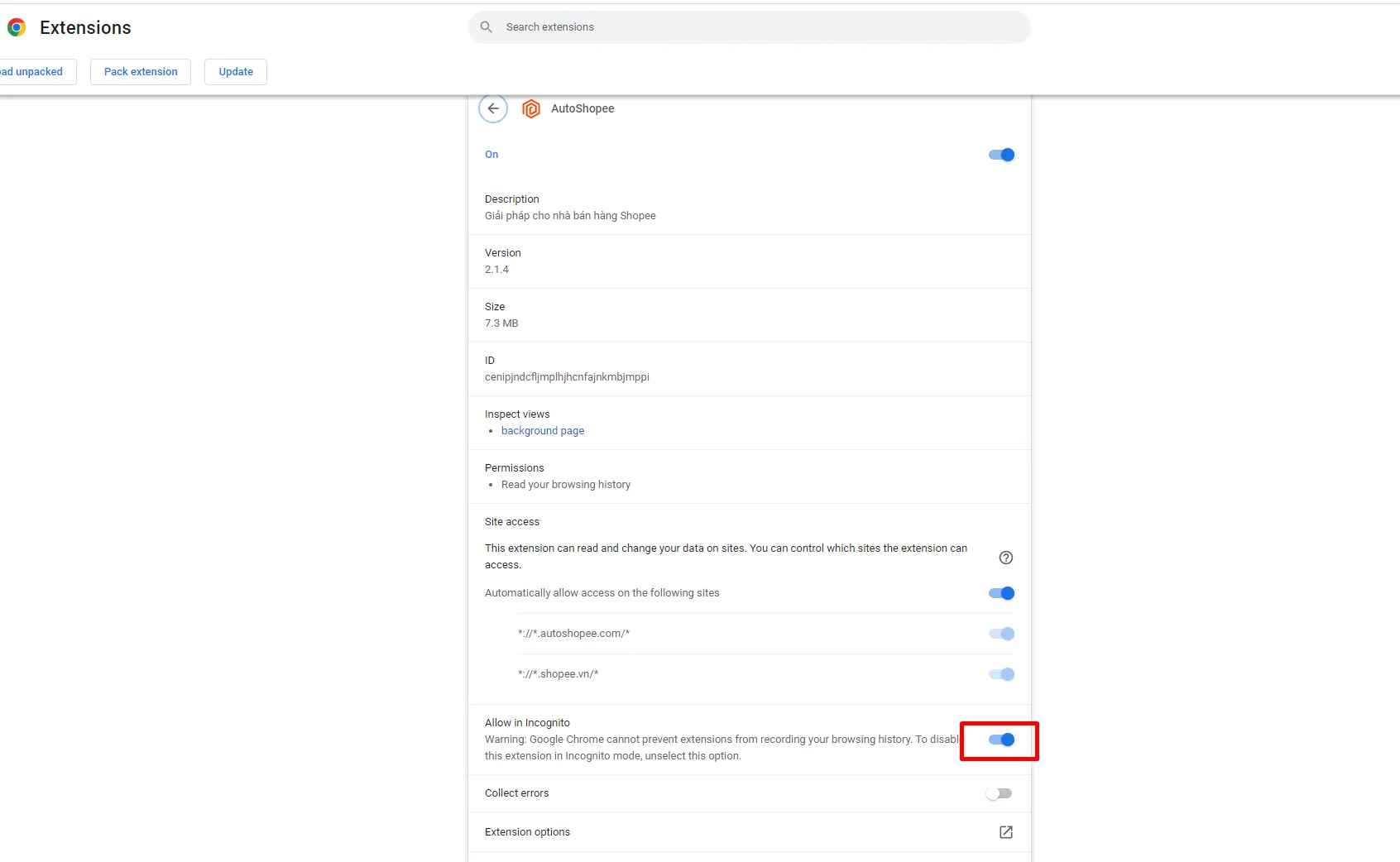 Bật công tắc Allow in Incognito để cho phép chạy tiện ích ở chế độ ẩn danh
