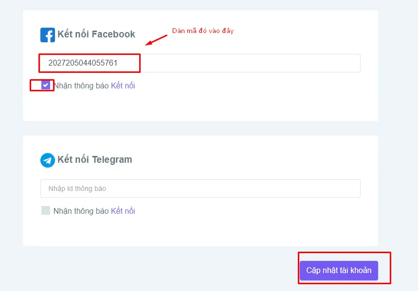 Dán mã ID thông báo vào khung trò chuyện Messenger và bấm Lưu