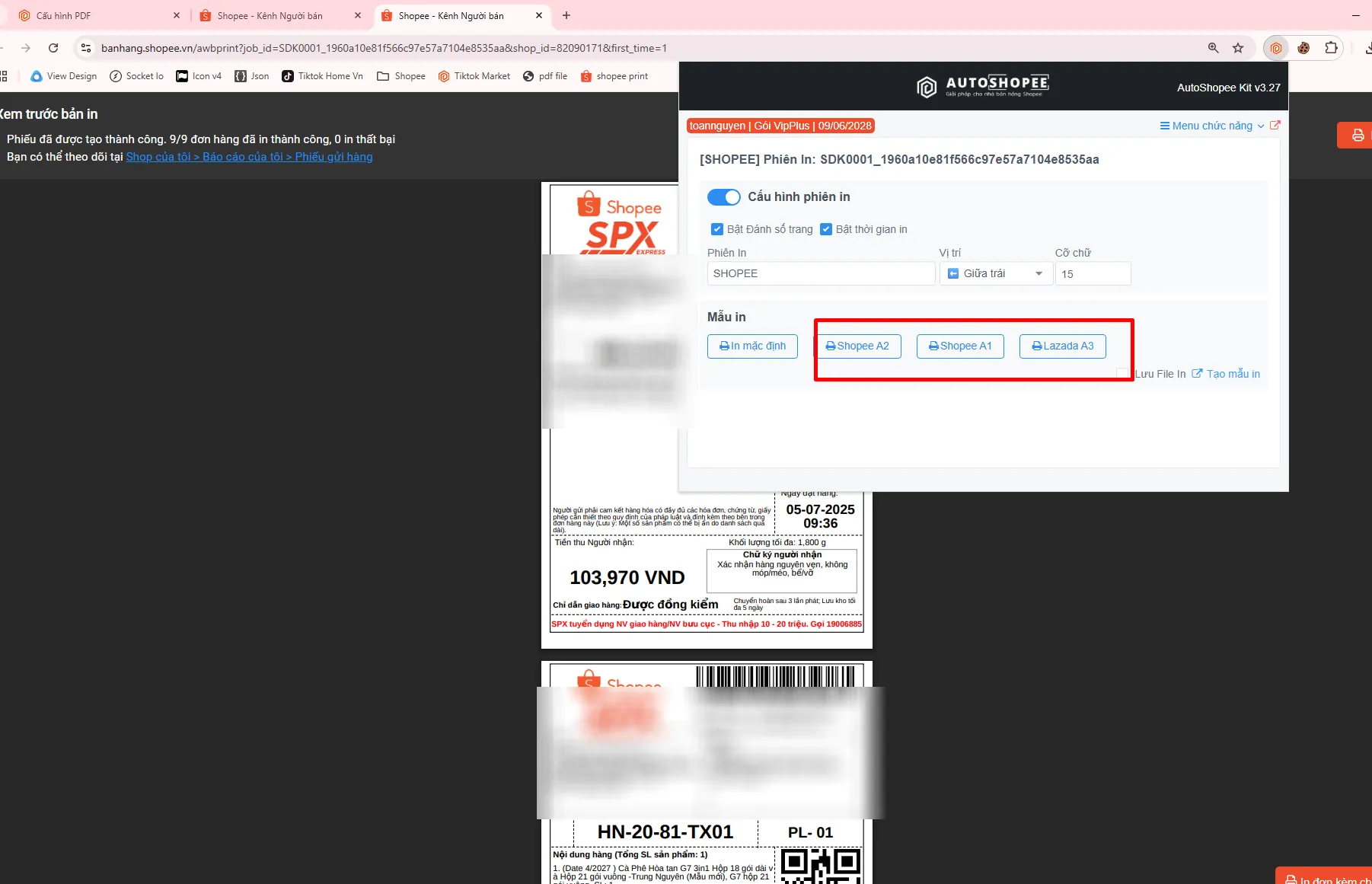 Chọn mẫu in đã lưu trong popup AutoShopee Kit khi in đơn trên Shopee