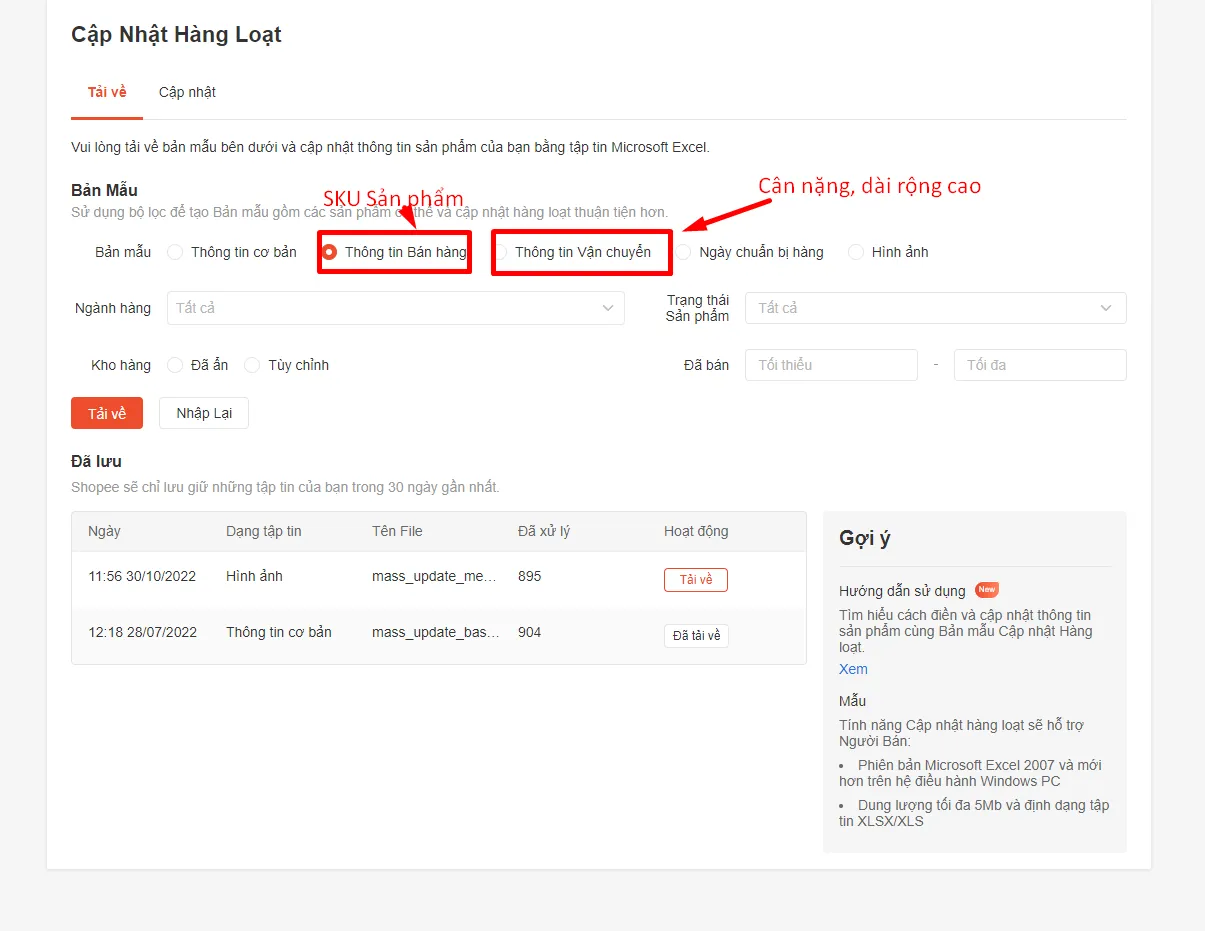 Tải về file Excel Thông tin bán hàng và Thông tin vận chuyển trên Shopee