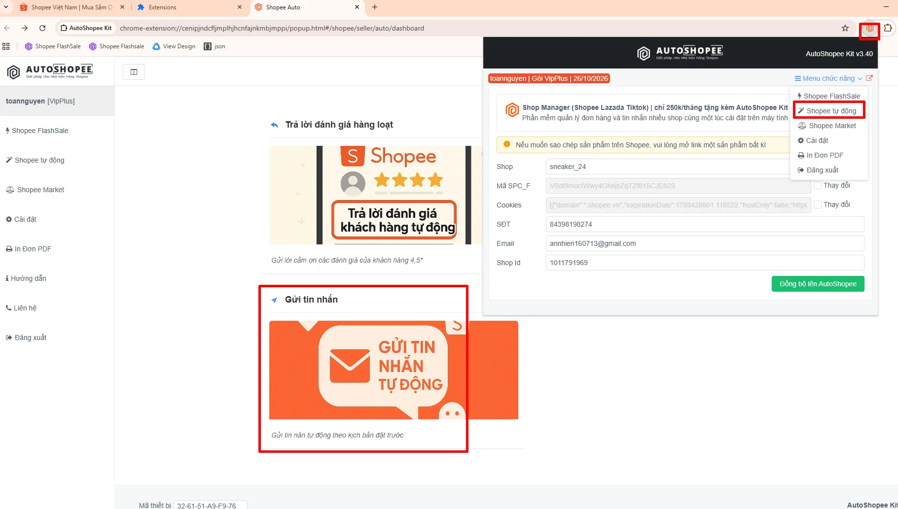 Mở Menu chức năng chọn Shopee tự động và chọn mục Gửi tin nhắn