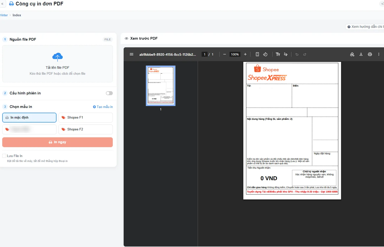 Công cụ in đơn PDF trên AutoShopee Kit: tải lên file PDF, chọn mẫu in và xem trước