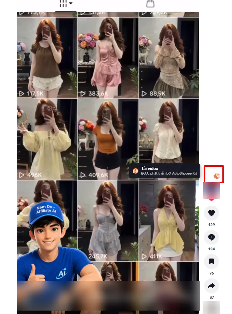 Nút Tải video của AutoShopee Kit ở cột nút bên phải video TikTok
