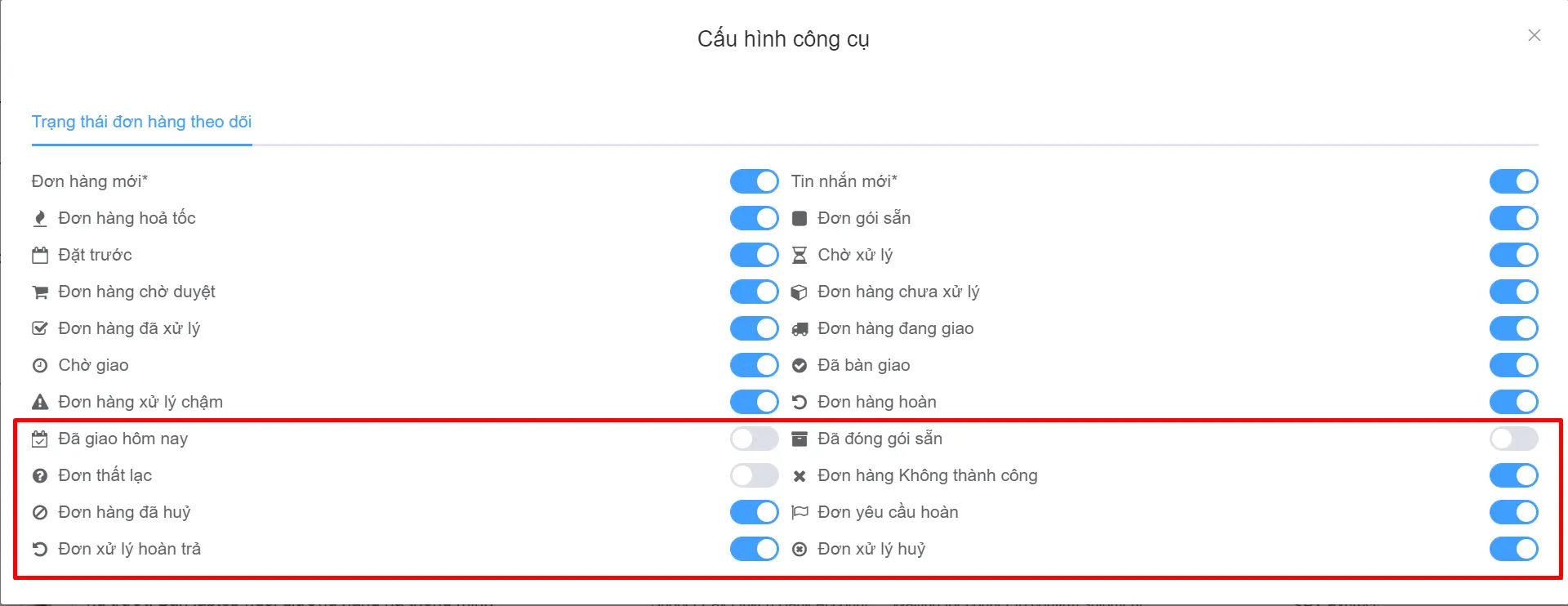 Cửa sổ Cấu hình công cụ, tab Trạng thái đơn hàng theo dõi với các công tắc bật tắt từng loại đơn