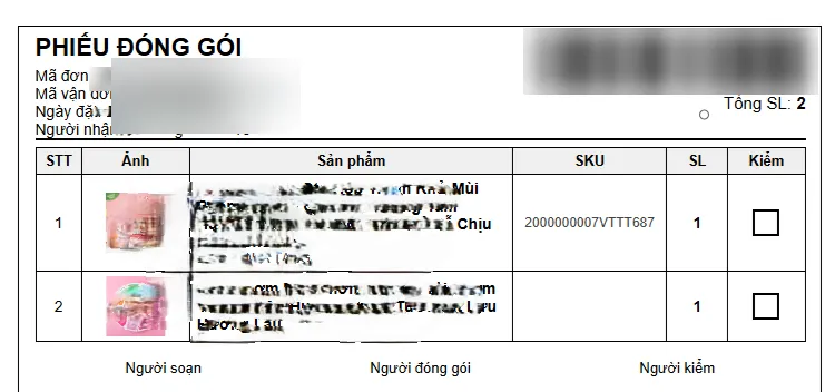 Phiếu đóng gói in từ mẫu Phiếu đóng gói / soạn hàng, có ảnh, SKU, số lượng và ô kiểm