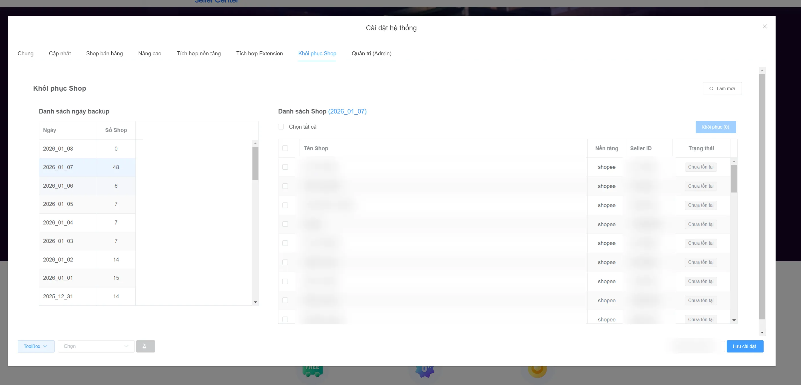 Tab Khôi phục Shop trong Cài đặt hệ thống: chọn ngày backup bên trái, tích shop có trạng thái Chưa tồn tại rồi bấm Khôi phục