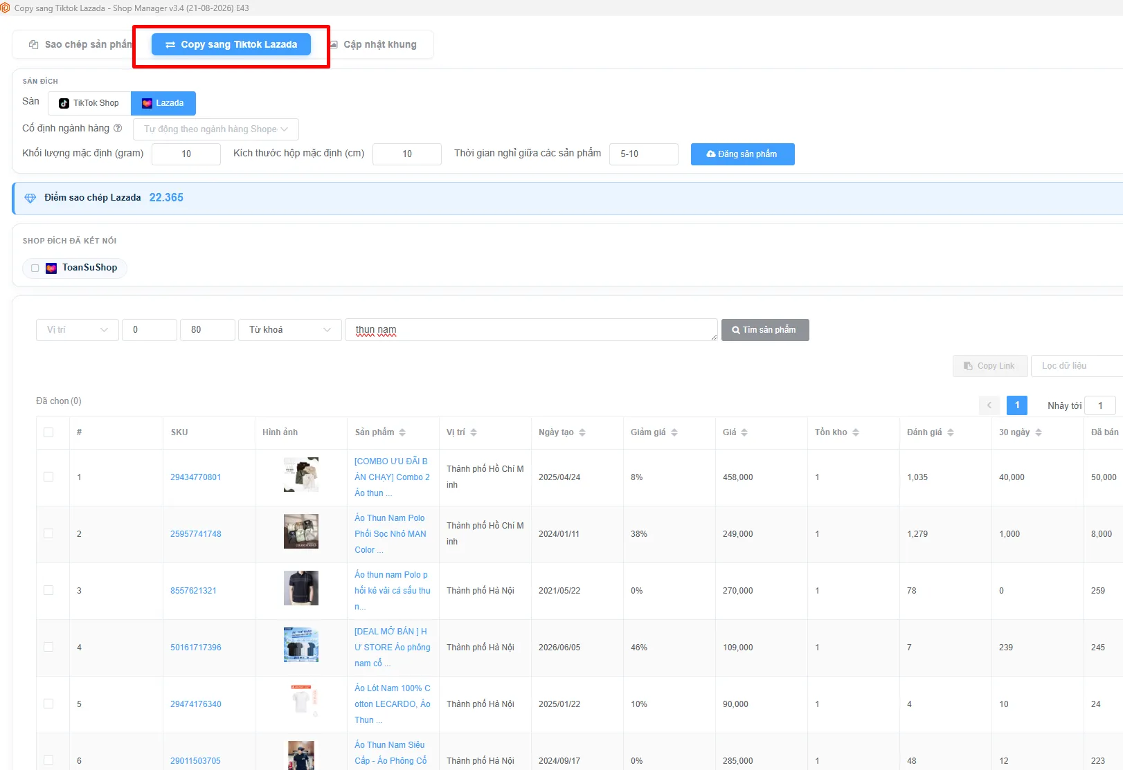 Tab Copy sang Tiktok Lazada trên ShopManager: chọn sàn đích, khối lượng mặc định, shop đích và danh sách sản phẩm Shopee