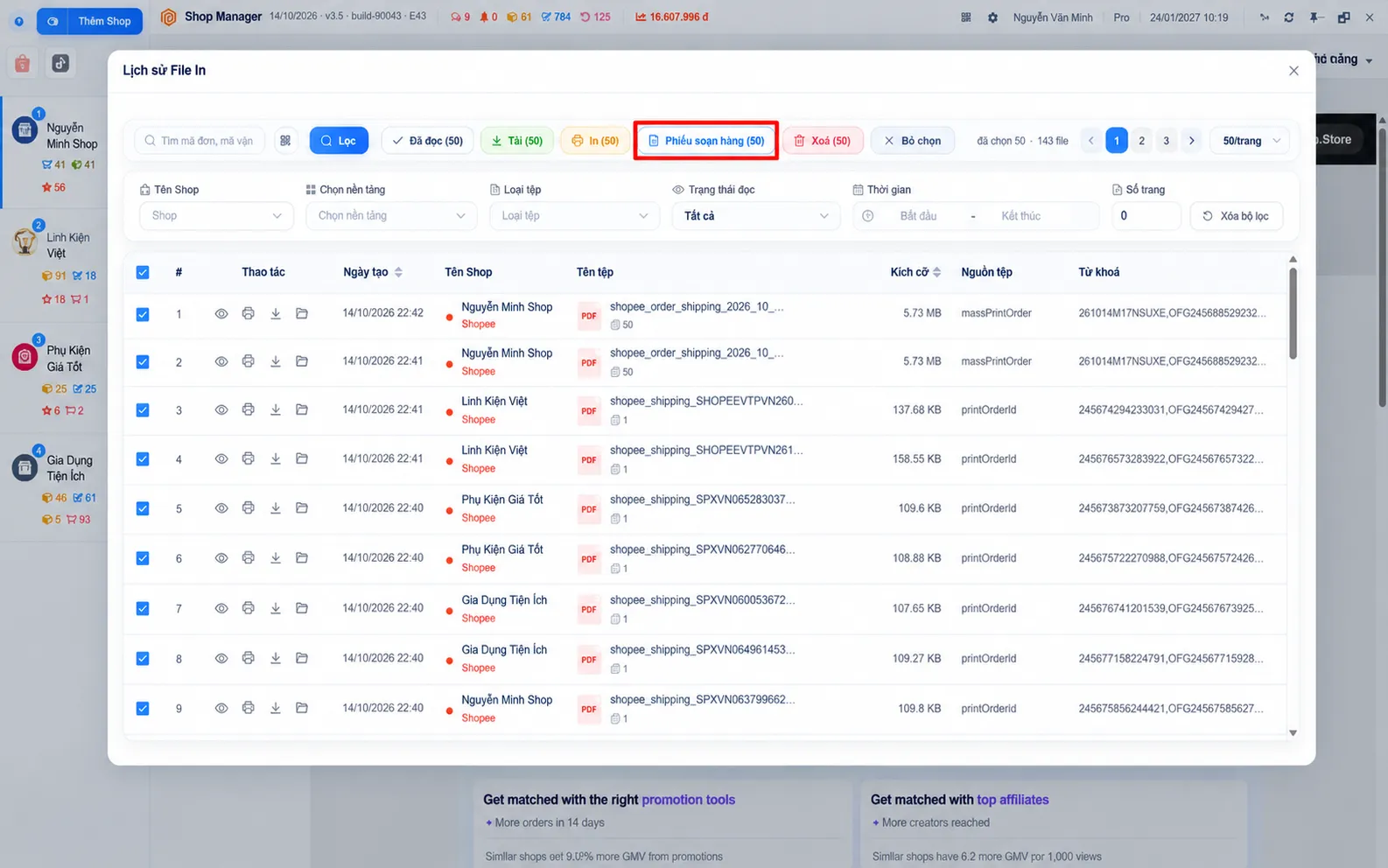 Lịch sử File In: chọn nhiều file in đơn rồi nhấn Phiếu soạn hàng