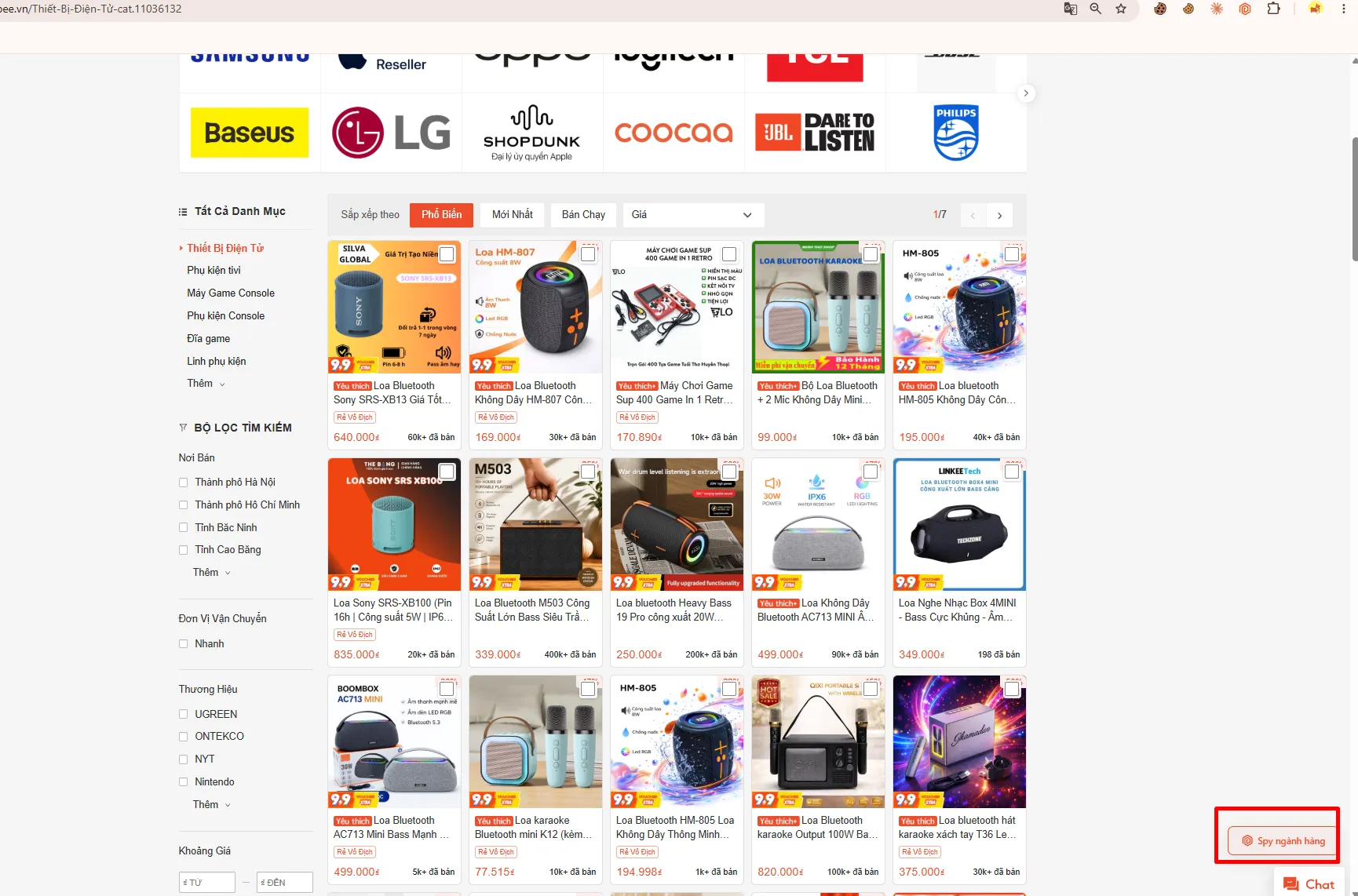 Nút Spy ngành hàng ở góc dưới trang danh mục Thiết Bị Điện Tử trên Shopee