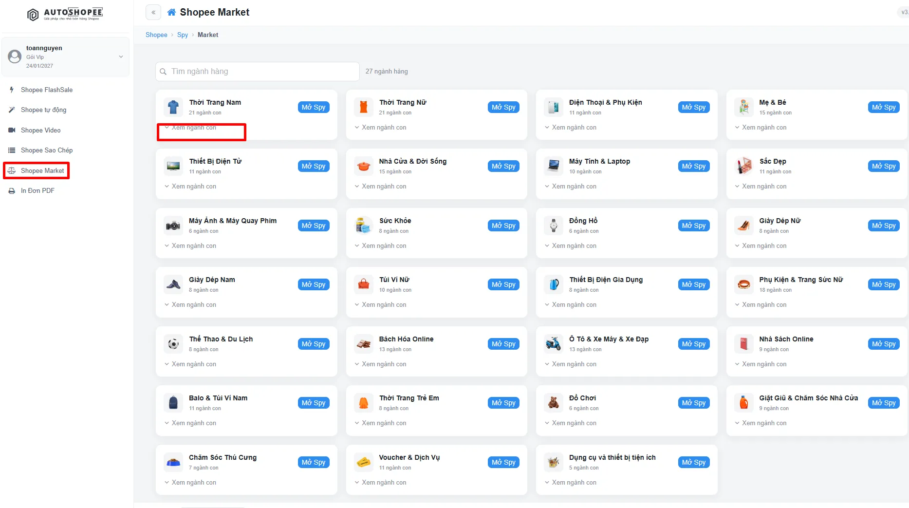 Trang Shopee Market liệt kê ngành hàng với nút Mở Spy và Xem ngành con